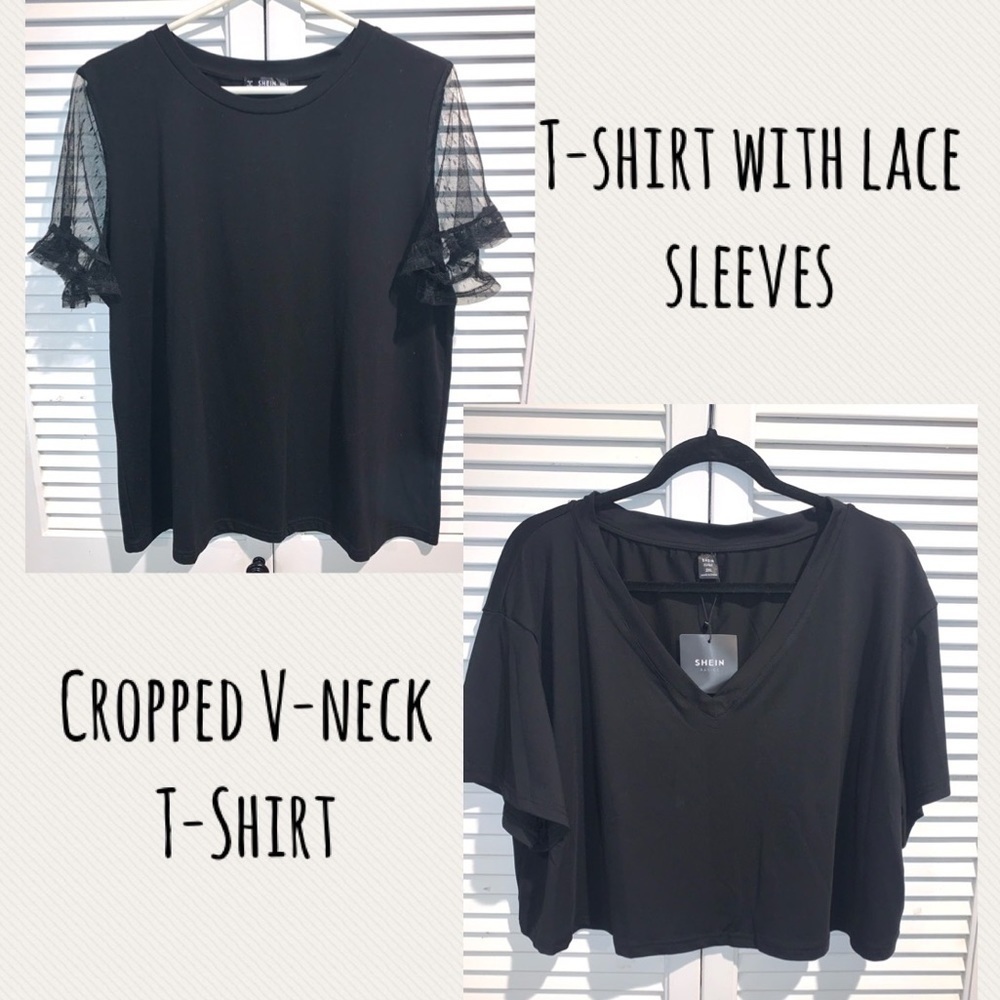 Cropped V-neck Black T-Shirt and Black Lace short sleeve T-Shirt 2XL